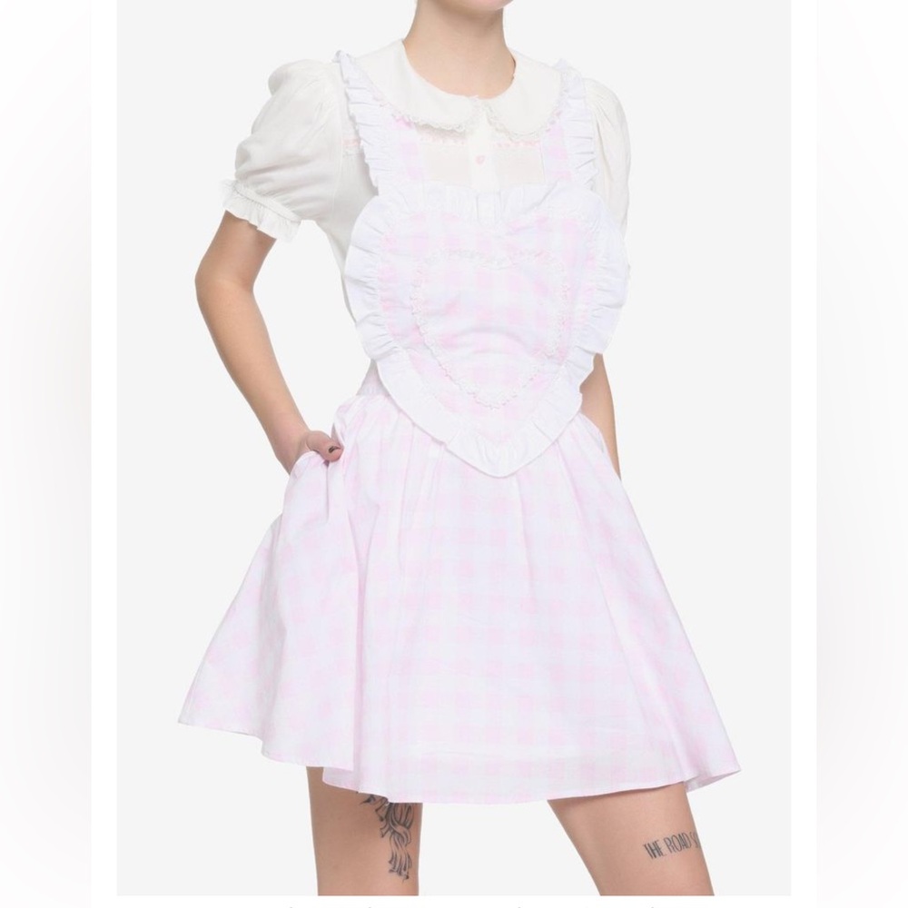 Hot Topic Heart Skirtall Dress Size Large‎ Pink and White Plaid BarbieCore NWOT
